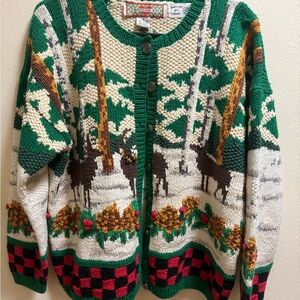 Cardigan Bay Hand Knit vintage cardigan with Forest Design and Reindeer’s